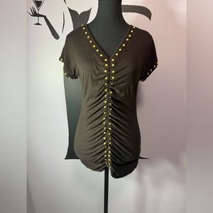 Carmen Marc Valvo Brown Top with Gold Accents. PTP 16